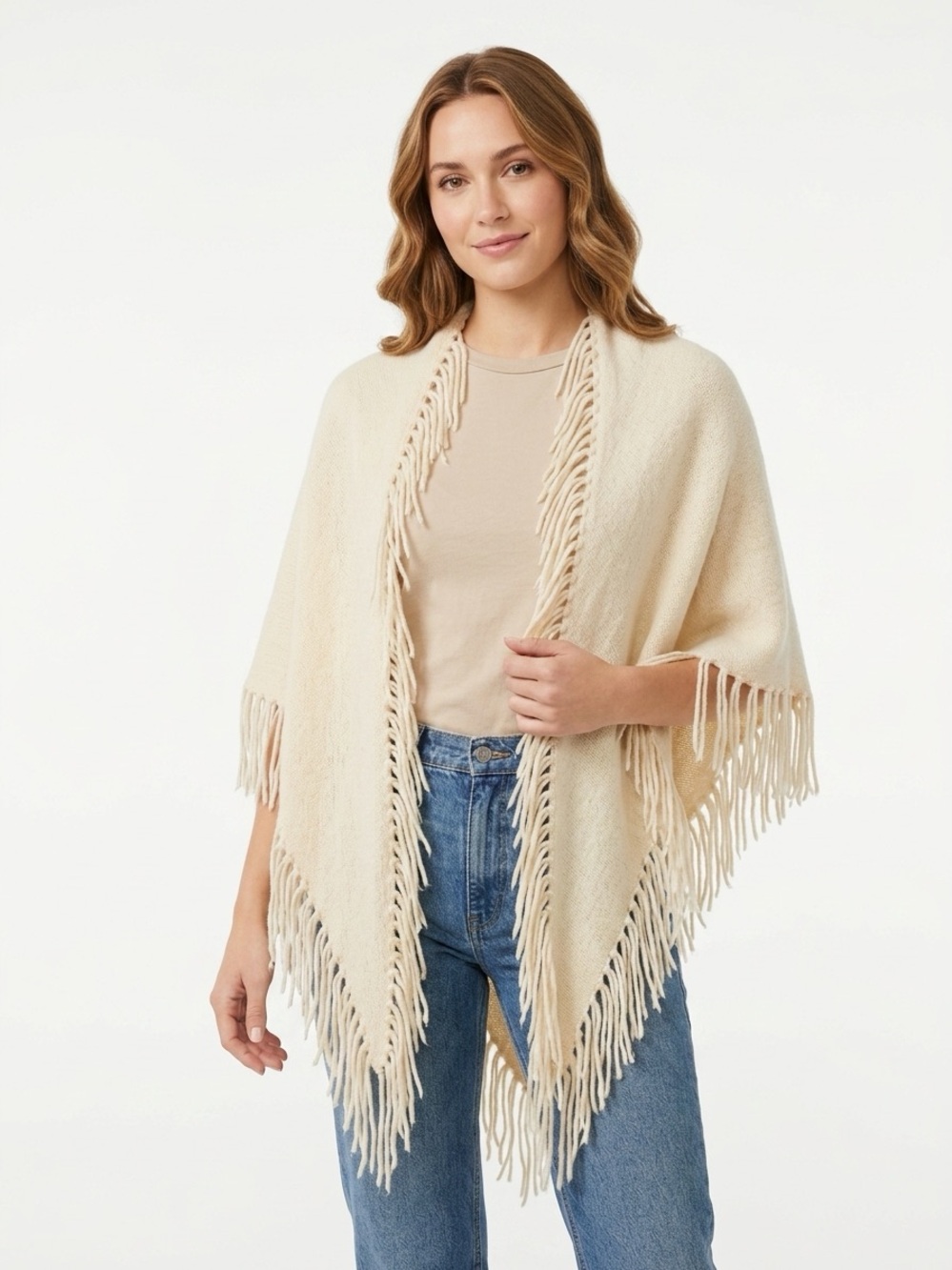 Minnie Rose 100% Cashmere Fringe Poncho Cream One Size